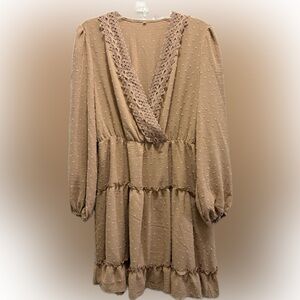 Beige Lace-Trim Tiered V-Neck Women's Dress